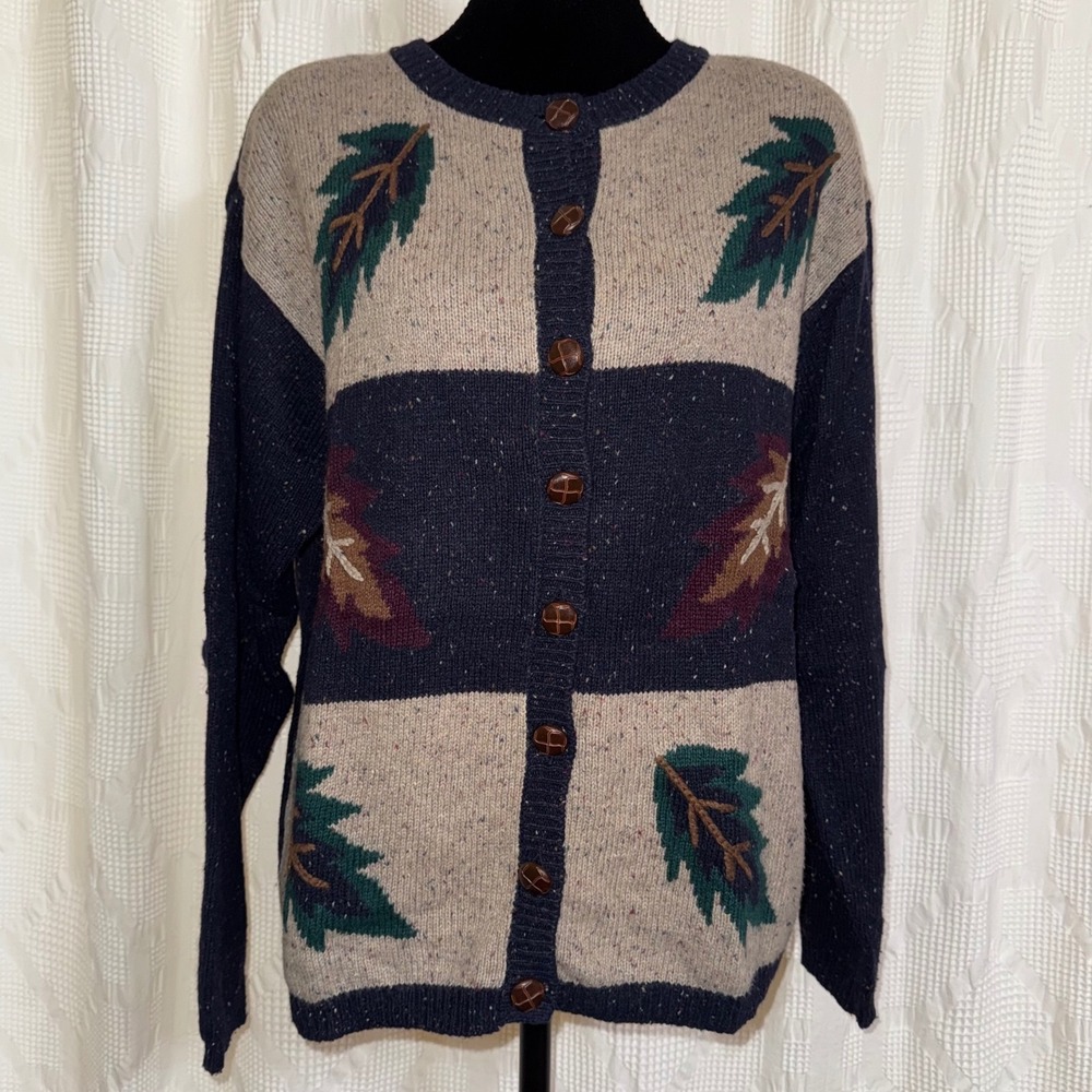 Vintage Dress Barn Cardigan Navy Beige Leaf Knit Sweater Large Granola Grandpa